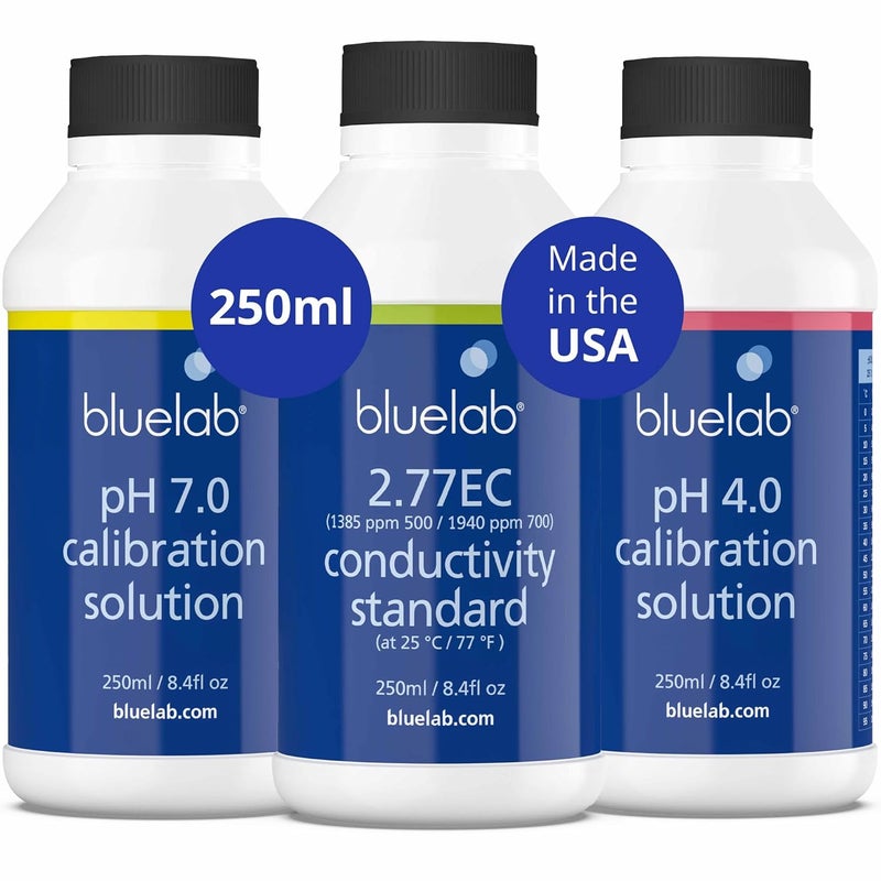 bluelab 2.77EC Conductivity Solution, PH 7.0, and PH 4.0 Calibration Solution Set 250 Milliliters - Image 1